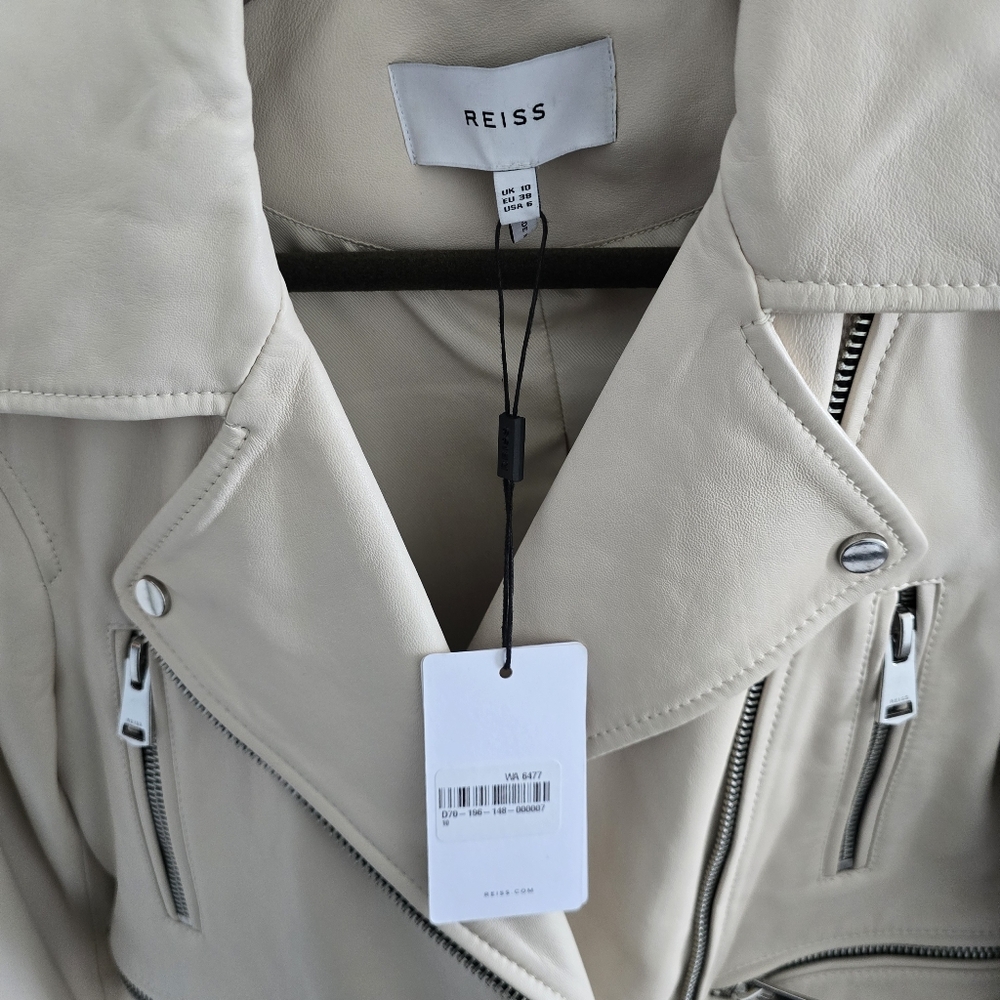 Reiss Santiago Leather Biker Jacket, Size US 6, off-white, NWT - Picture 3 of 13